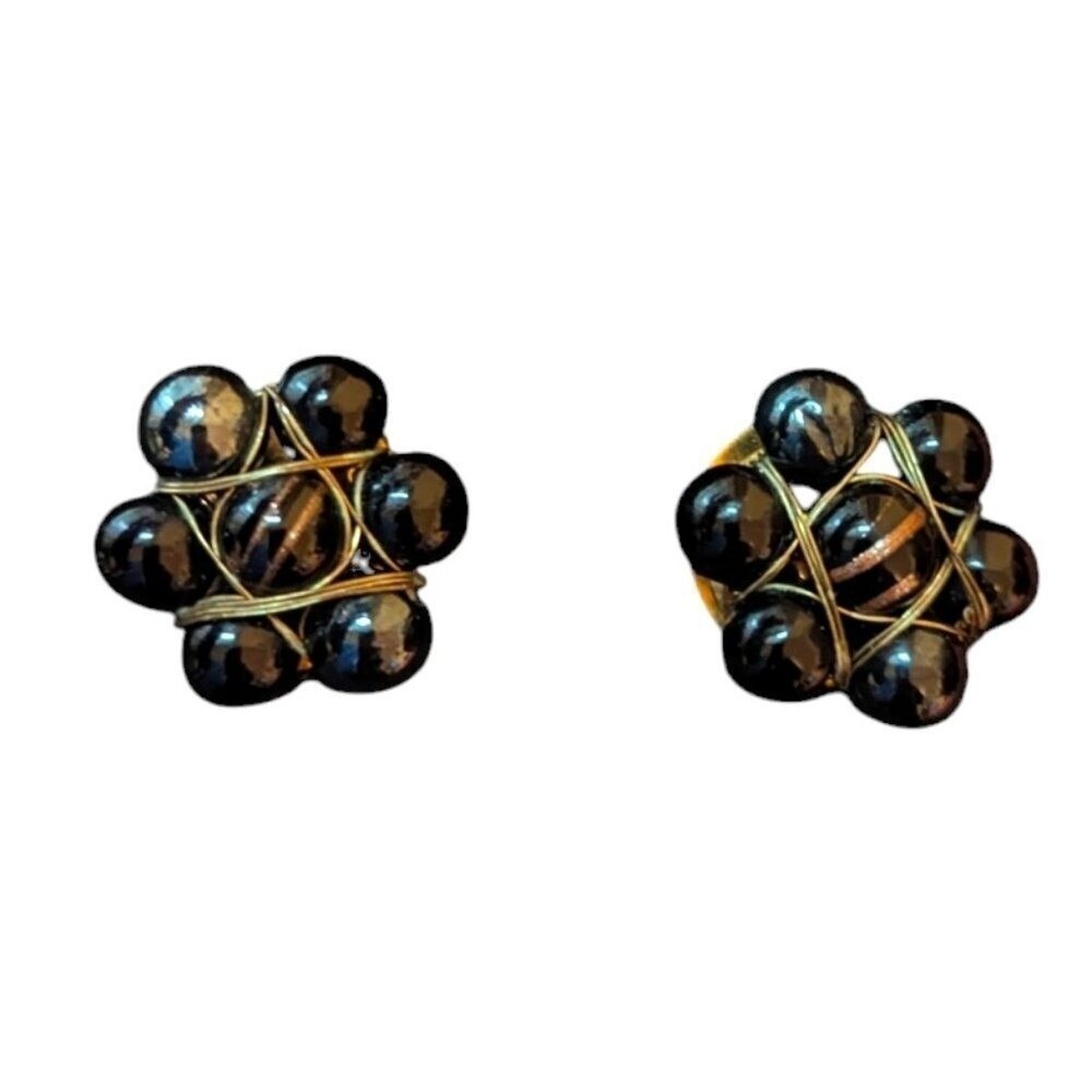 Vintage Round Cluster Earrings Wire Wrapped‎ Faux Black Pearl MCM Iridescent